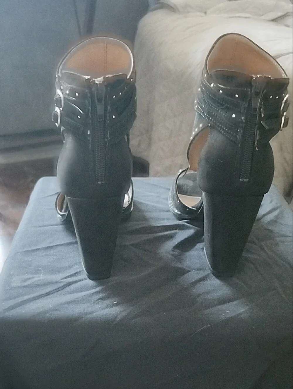 Cupid Black Studded Block Heel Sandals with Buckle Accent